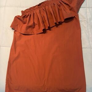 LOFT One-Shoulder Ruffle Mini Dress in Rust